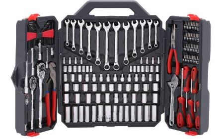 A simple mechanics’ tool set, including box and socket wrenches.